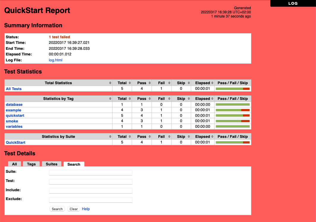 An example report file of failed test execution