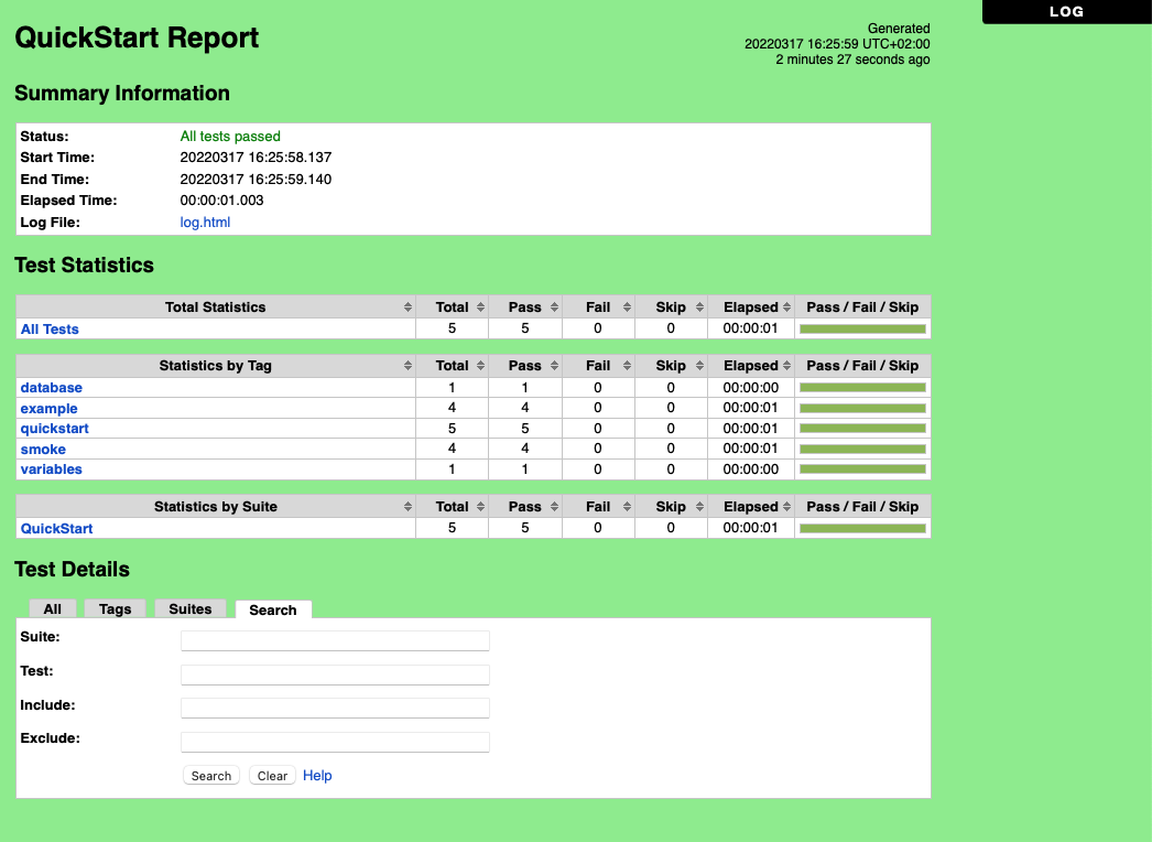 An example report file of successful test execution